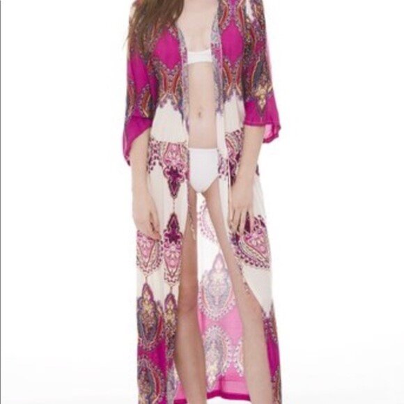 Janice Tropical Floral Print Maxi Kimono Cover Up Cardigan OS - Picture 14 of 16